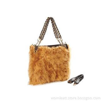Womens Real Fur Handbags Khaki Tote Bag with Genuine Leathe